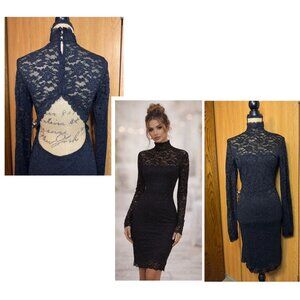 NWT MODA INTERNATIONAL Black Full Lace Dress Sexy Back Date Night Elegant Chic M